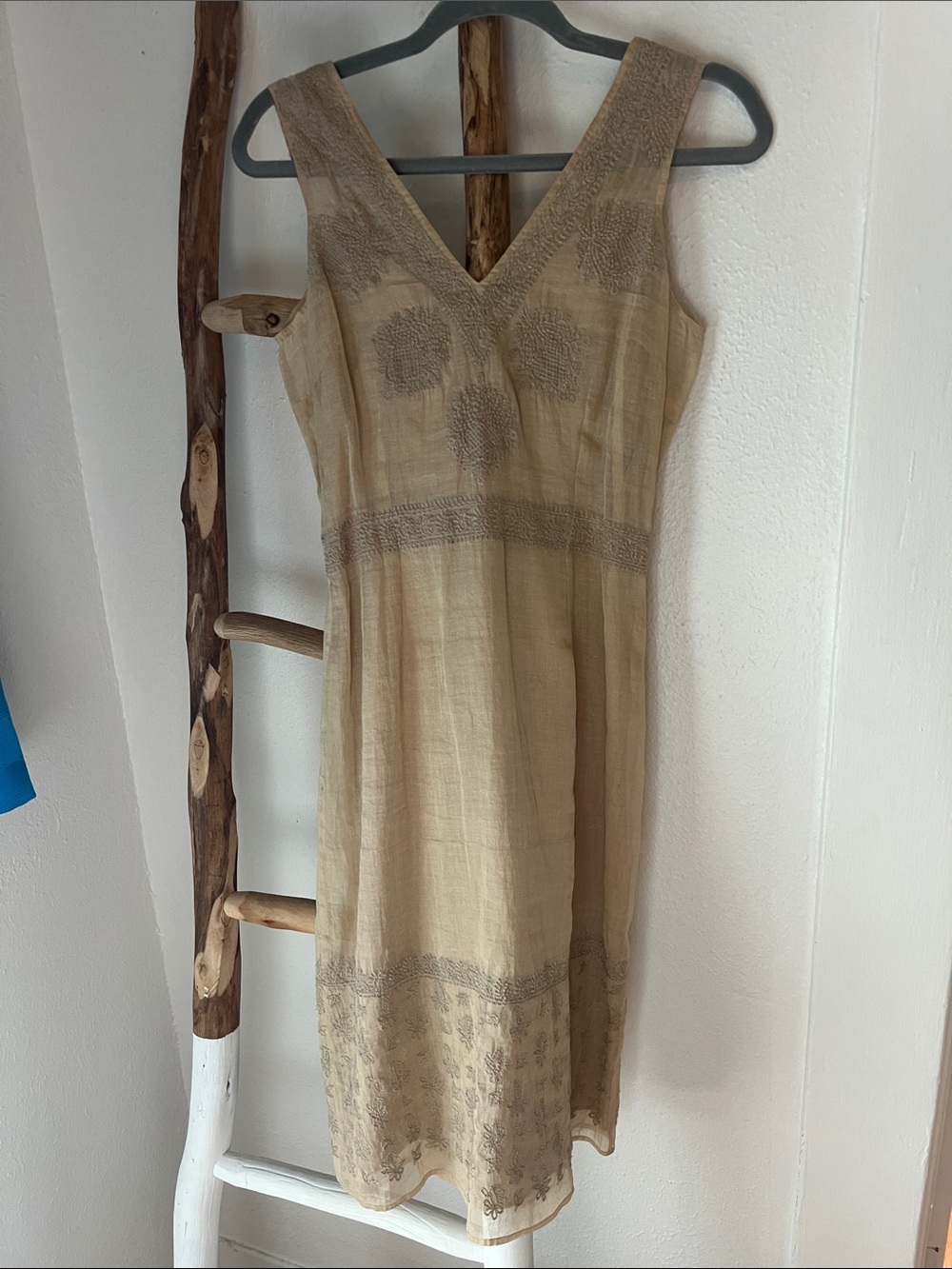 Plenty by Tracy Reese Beige Embroidered Sheer Neutral V-Neck Midi Dress XS Small